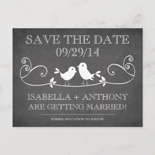 SAVE THE DATE Vintage Chalkboard Love Birds Ankündigungspostkarte (Vorderseite)