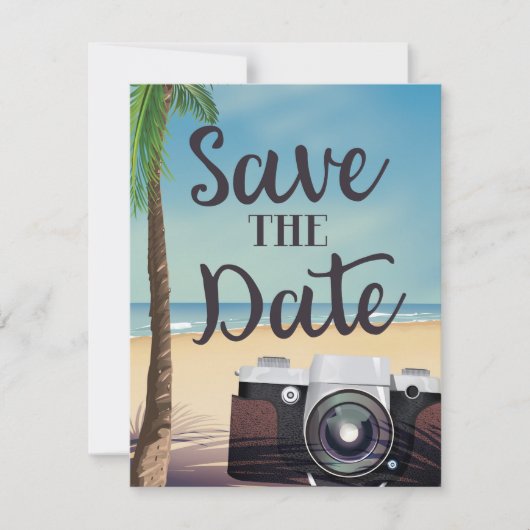 Save the Date Vintage Kamera und Strand (Vorderseite)