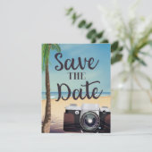 Save the Date Vintage Kamera und Strand (Stehend Vorderseite)