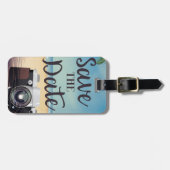 Save the Date Vintage Kamera und Strand Gepäckanhänger (Vorderseite horizontal)