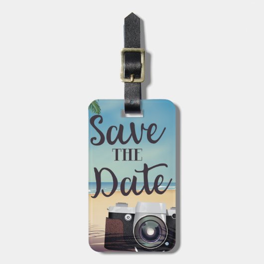 Save the Date Vintage Kamera und Strand Gepäckanhänger (Vorderseite vertikal)