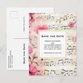 Save the Date Vintage Musiknotizen und Rose Einladungspostkarte