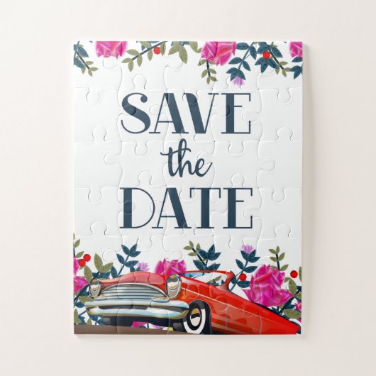 Save The Date Vintage-Rotes Auto Puzzle (Vertikal)