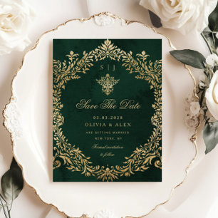 Save the Date Vintage Royal Emerald Gold Wedding Einladung