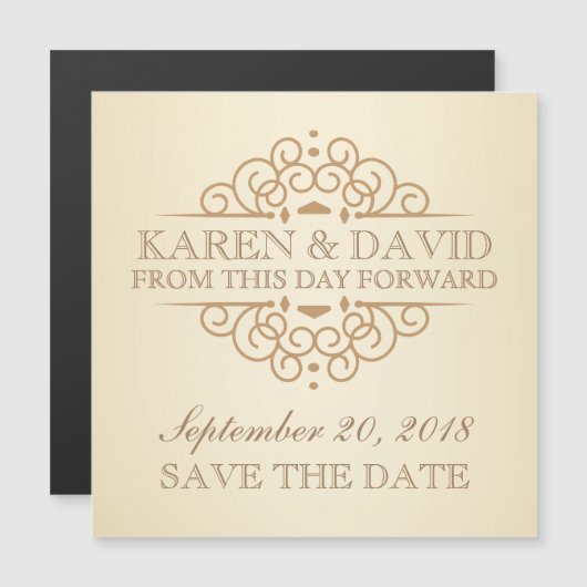 Save the Date Vintage Scrolls Hochzeitsskala Erinn Magneteinladung (Vorne/Hinten)