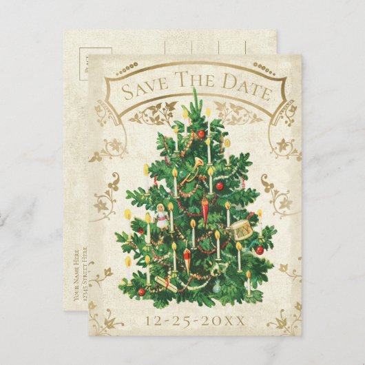 Save the Date Vintage Weihnachtsbaum Postkarte (Vorne/Hinten)