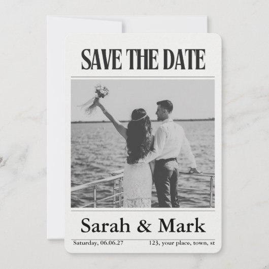 Save the Date Vintage-Zeitung im Trend rund (Vorderseite)