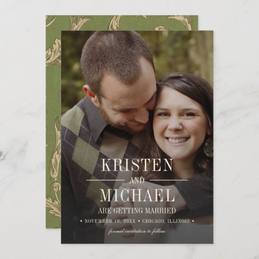 Save The Date. Vintages Muster Hochzeitsfotokarte Einladung (Vorne/Hinten)