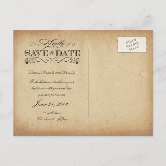 Save the Date Vintages Pergament Postkarte (Rückseite)