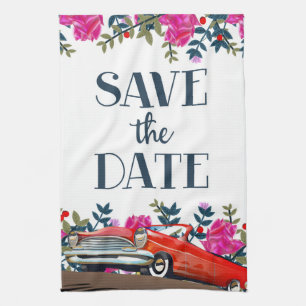 Save the Date Vintages Rotes Auto Geschirrtuch