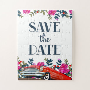 Save the Date Vintages Rotes Auto Puzzle