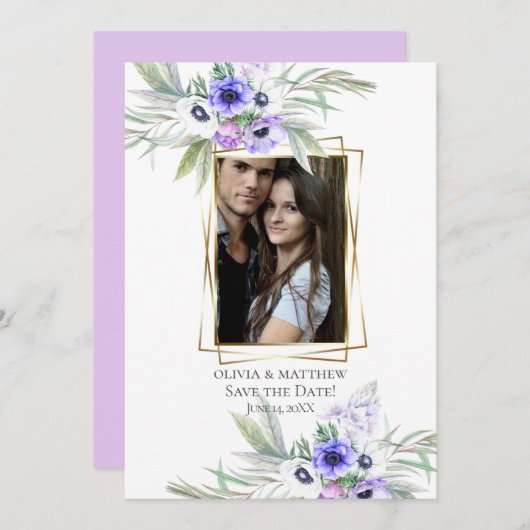 Save The Date | Violet Anemone Floral Bouquets Einladung (Vorne/Hinten)