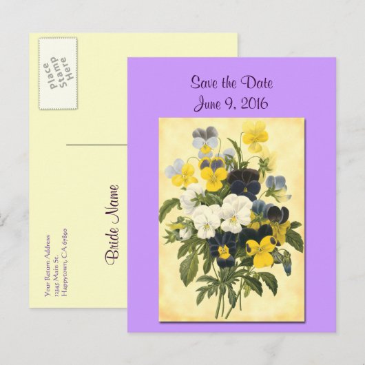 Save the Date Violets und Pansy Postkarte (Vorne/Hinten)