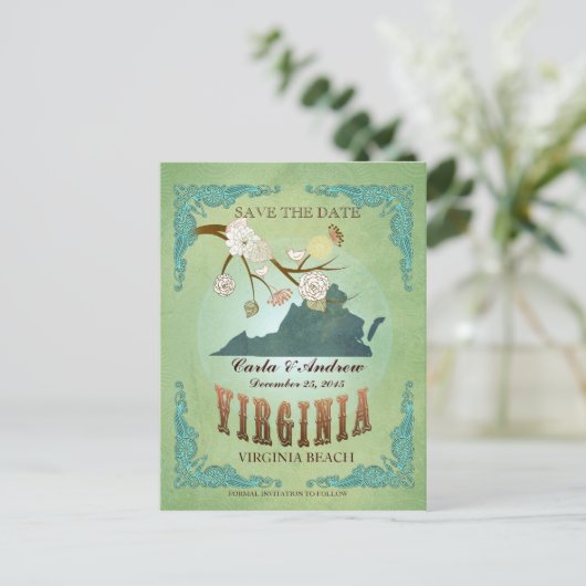 Save the Date - Virginia Karte mit hübschen Vögeln (Stehend Vorderseite)