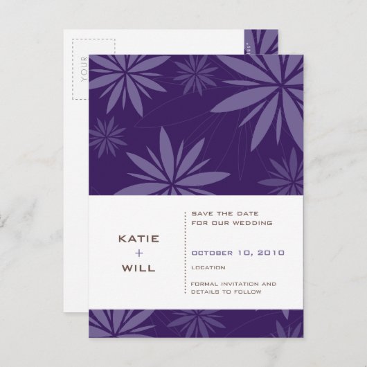 SAVE THE DATE: Vitalität lila Ankündigungspostkarte (Vorne/Hinten)