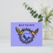 Save the Date Vögel auf Blume Kranz Postkarte (Stehend Vorderseite)