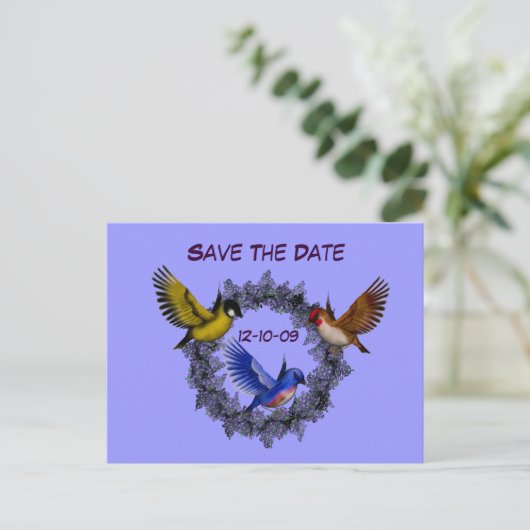 Save the Date Vögel auf Blume Kranz Postkarte (Stehend Vorderseite)