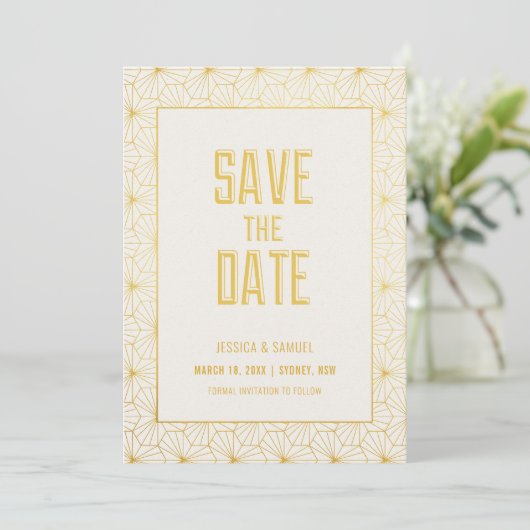 Save the Date von White Geometric Art Deco Einladung (Stehend Vorderseite)