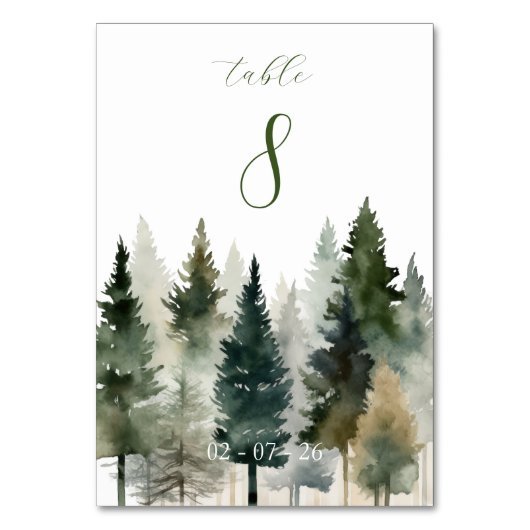 Save The Date | Wald-Föhren-Aquarell Tischnummer (Vorderseite)