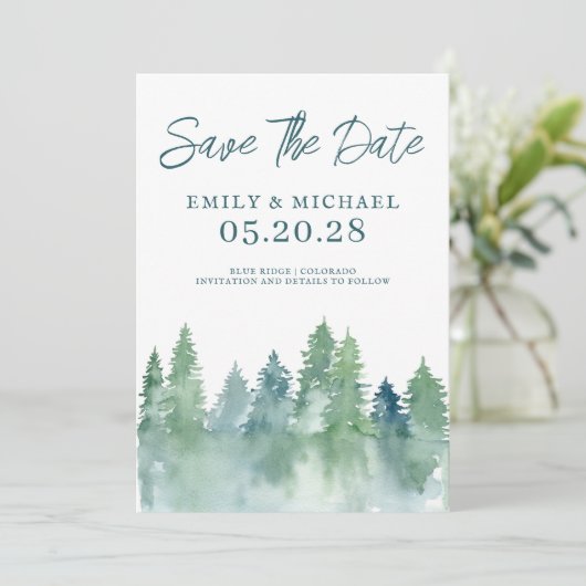 Save the Date Waldbäume im Wasserfarbenwald (Stehend Vorderseite)