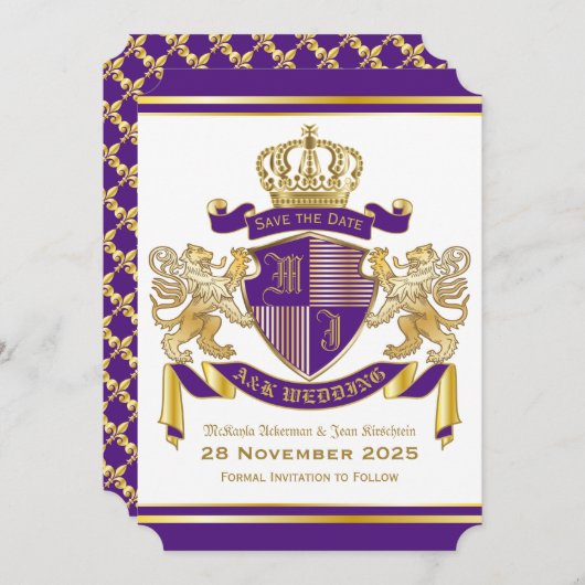 Save the Date Wappen Lila LöwenEmblem Einladung (Vorne/Hinten)