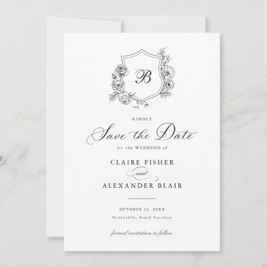 Save the Date Wappen Monogram für florale Elegant- Einladung (Vorderseite)