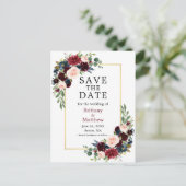 Save the Date Wasserfarbe Burgund und Blauer Flora Postkarte (Stehend Vorderseite)