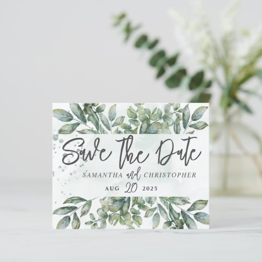 Save the Date Wasserfarbe Eukalyptus (Stehend Vorderseite)