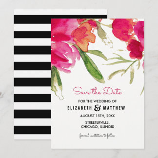 Save The Date. Wasserfarbe Fuchsia Blumenzehen Date
