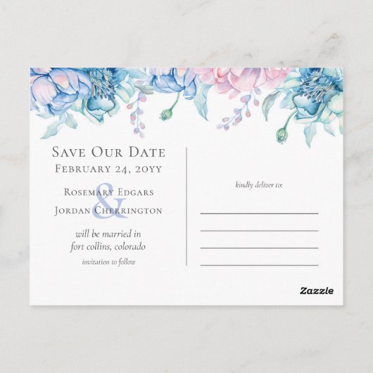 Save the Date Wasserfarbenblumenhochzeit 3-Foto Postkarte (Rückseite)