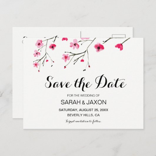 Save the Date Wasserfarbenkirschblüten Ankündigungspostkarte (Vorne/Hinten)