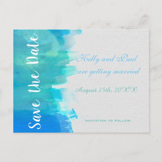 SAVE THE DATE Watercolor Blue Beach Postcard Ankündigungspostkarte (Vorderseite)