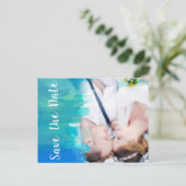 SAVE THE DATE Watercolor Blue Foto Postcard Ankündigungspostkarte (Stehend Vorderseite)