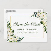 Save the Date Watercolor Blumengrün Ankündigungspostkarte (Vorne/Hinten)