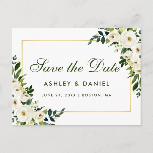 Save the Date Watercolor Blumengrün Ankündigungspostkarte (Vorderseite)