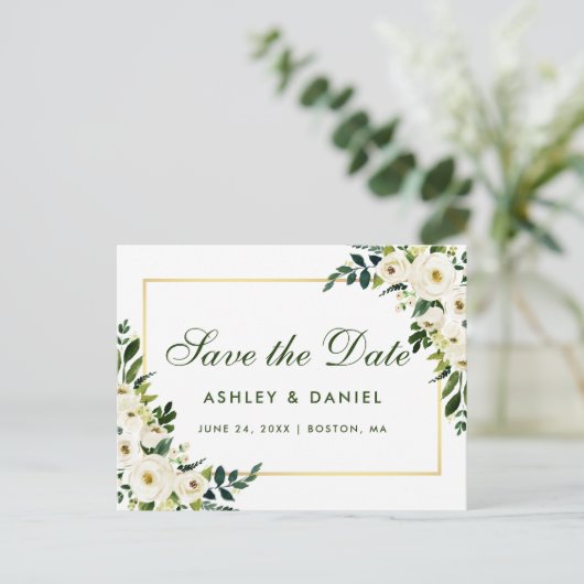 Save the Date Watercolor Blumengrün Ankündigungspostkarte (Stehend Vorderseite)