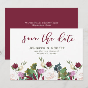 Save the Date Watercolor White Roses Cranberry Einladung
