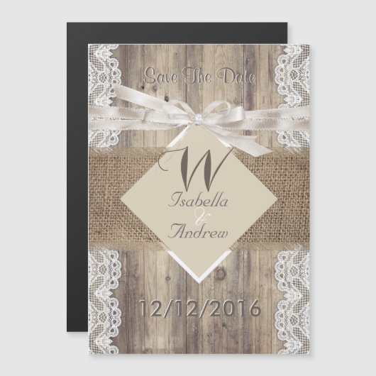 Save the Date Wedding Beige White Lace Wood Burlap Magneteinladung (Vorne/Hinten)