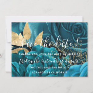 Save the Date Wedding Bride Floral Gold Blue Aquam