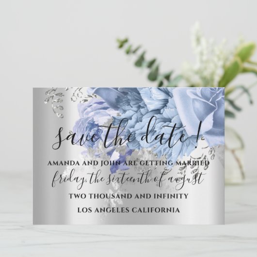 Save the Date Wedding Bride Silver Blue Rose (Stehend Vorderseite)