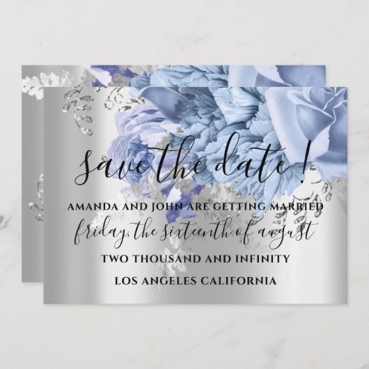 Save the Date Wedding Bride Silver Blue Rose (Vorne/Hinten)