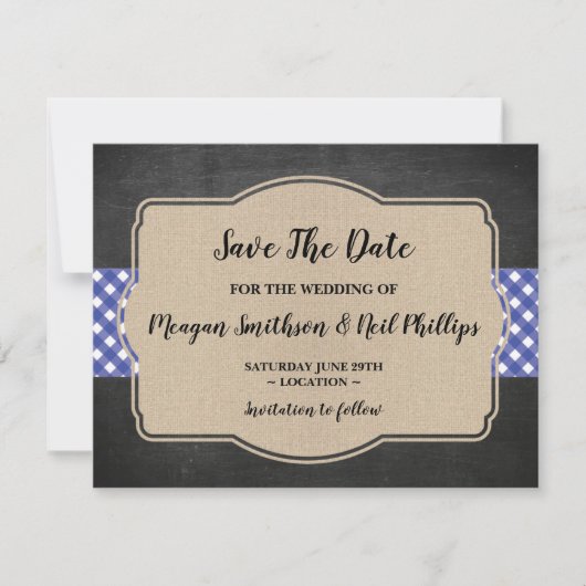 Save the Date Wedding Card Blue Gingham Burlap GRI (Vorderseite)