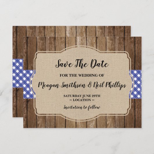 Save the Date Wedding Card Blue Gingham Burlap GRI (Vorne/Hinten)