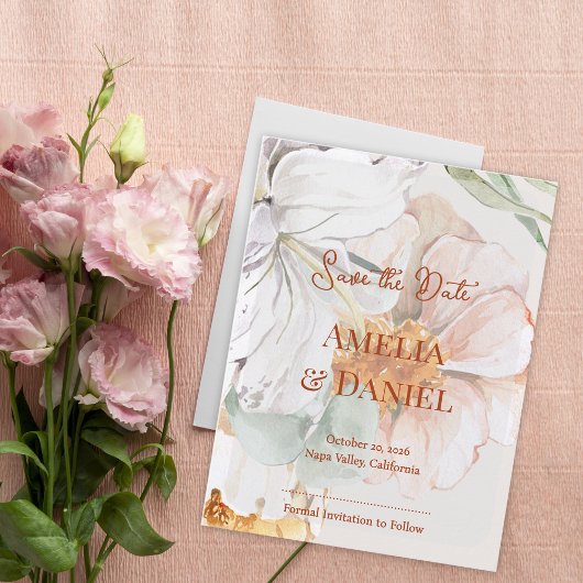 Save the Date Wedding Card | Floral Blush Peach Ankündigungspostkarte