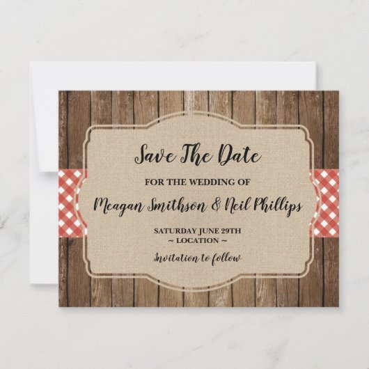 Save the Date Wedding Card Red Gingham Burlap GRIL (Vorderseite)