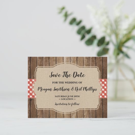 Save the Date Wedding Card Red Gingham Burlap GRIL (Stehend Vorderseite)