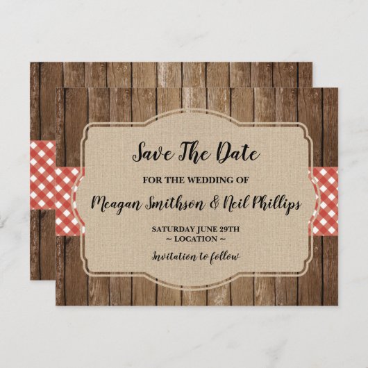 Save the Date Wedding Card Red Gingham Burlap GRIL (Vorne/Hinten)