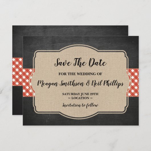 Save the Date Wedding Card Red Gingham Burlap GRIL (Vorne/Hinten)