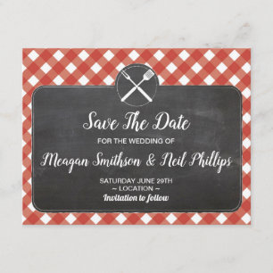 Save the Date Wedding Card Red Gingham Chalk GRILL