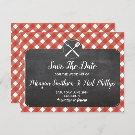 Save the Date Wedding Card Red Gingham Chalk GRILL (Vorne/Hinten)